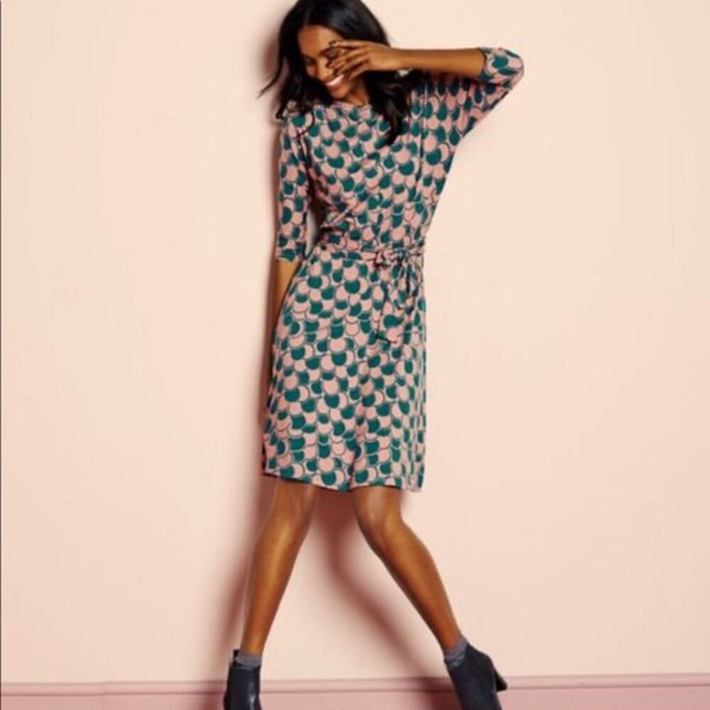 Boden Pink and Teal Geometric Tie-Waist Dress